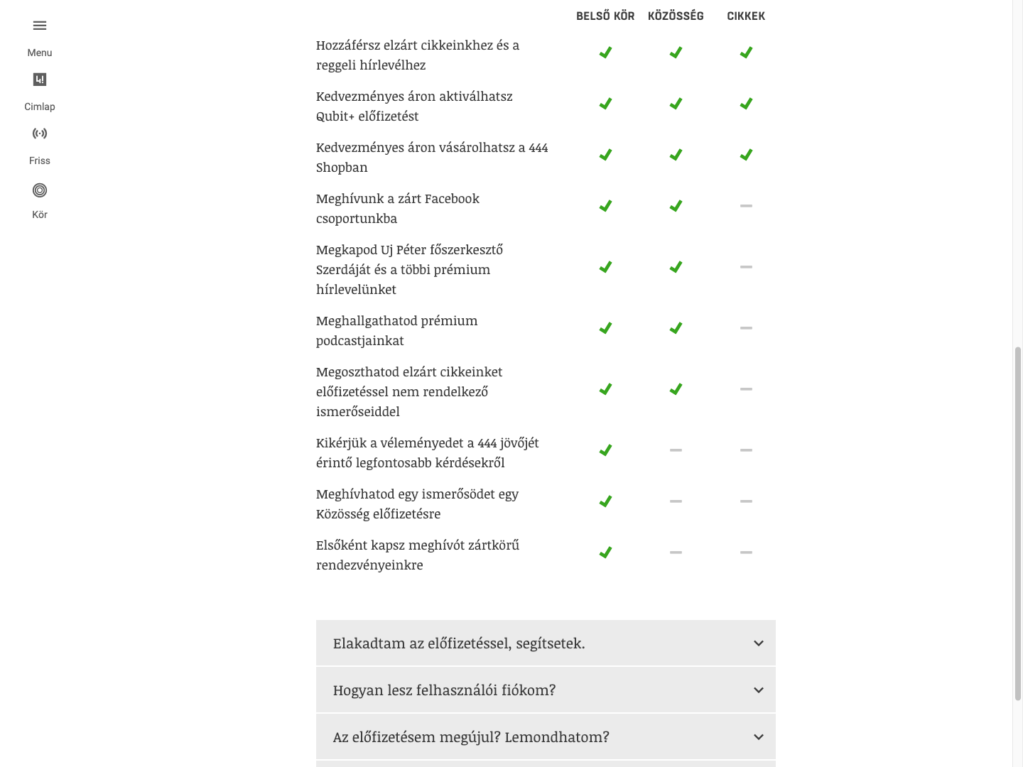444 Kör membership packages and subscription flow