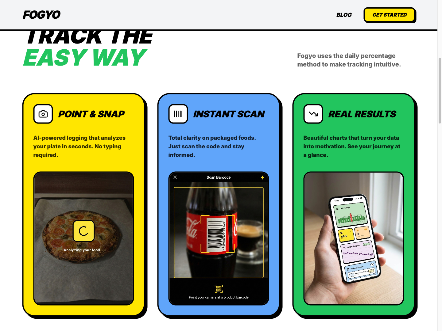 Fogyo app features: AI food recognition, barcode scanning and progress tracking